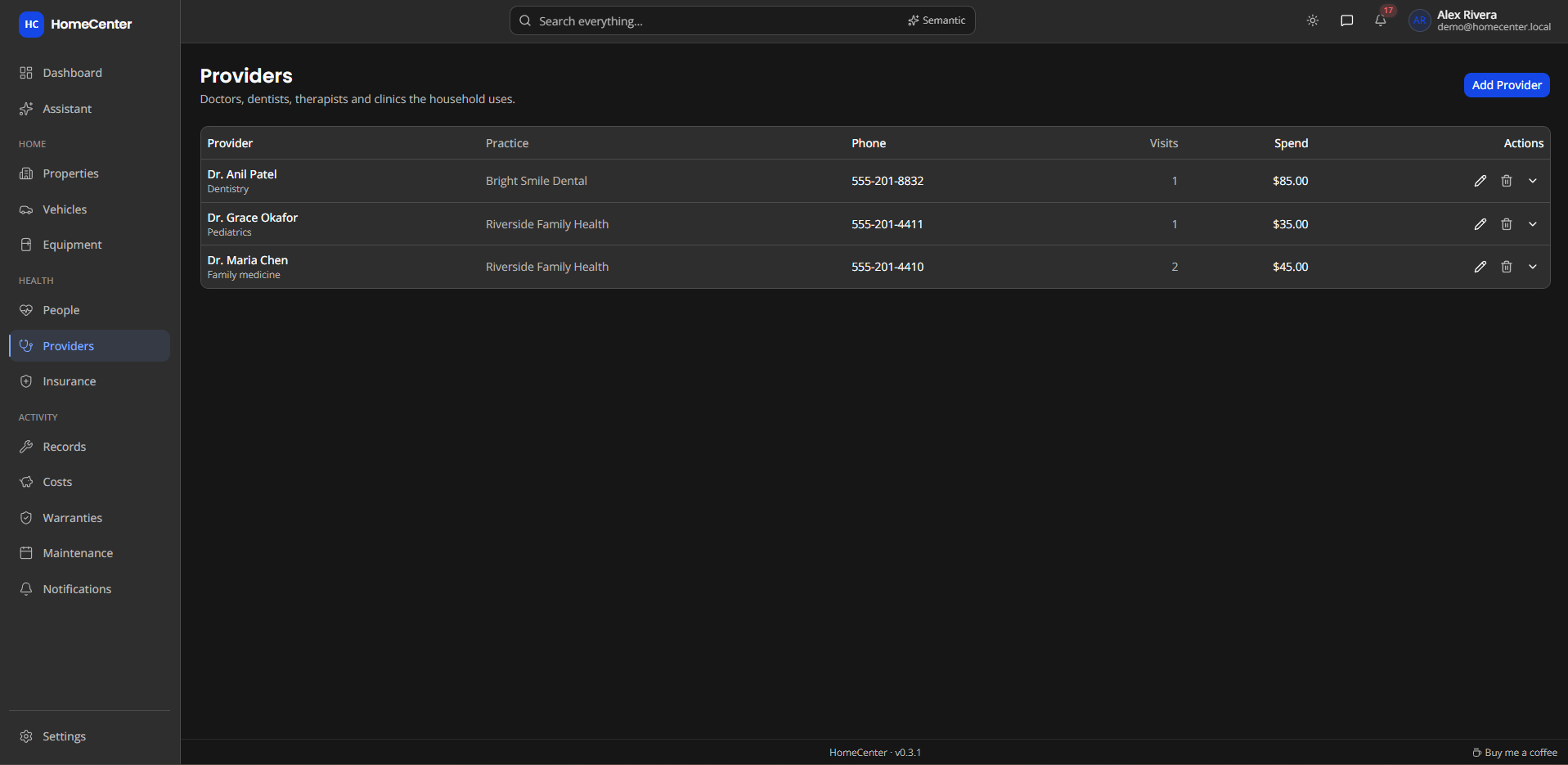 Providers list with visit counts and spend