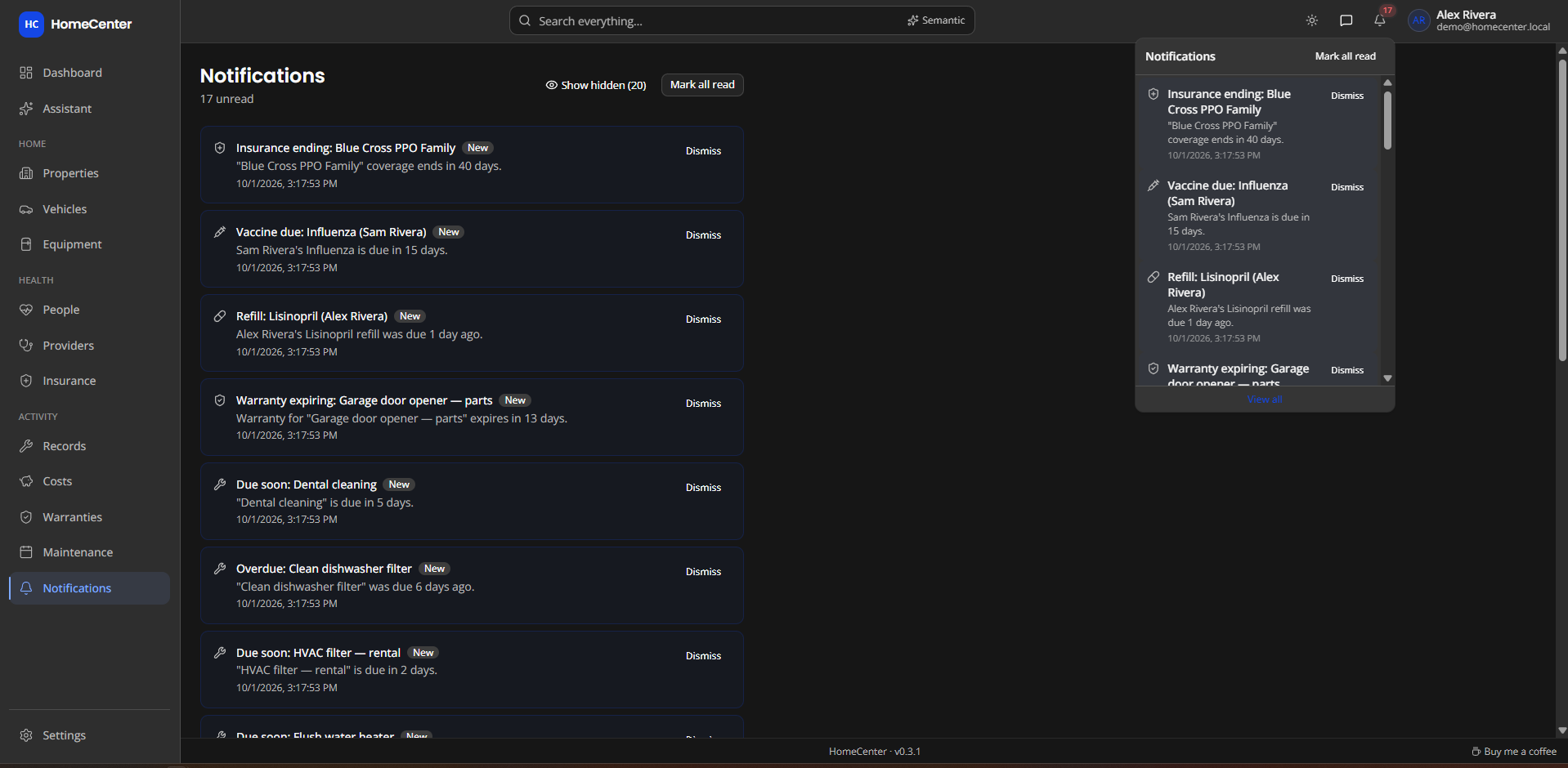 Notifications list