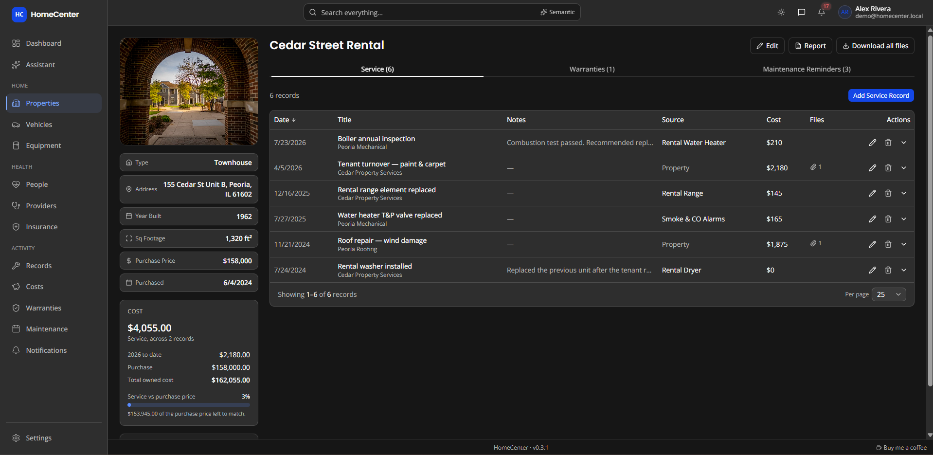 Maple Street House detail page with service records