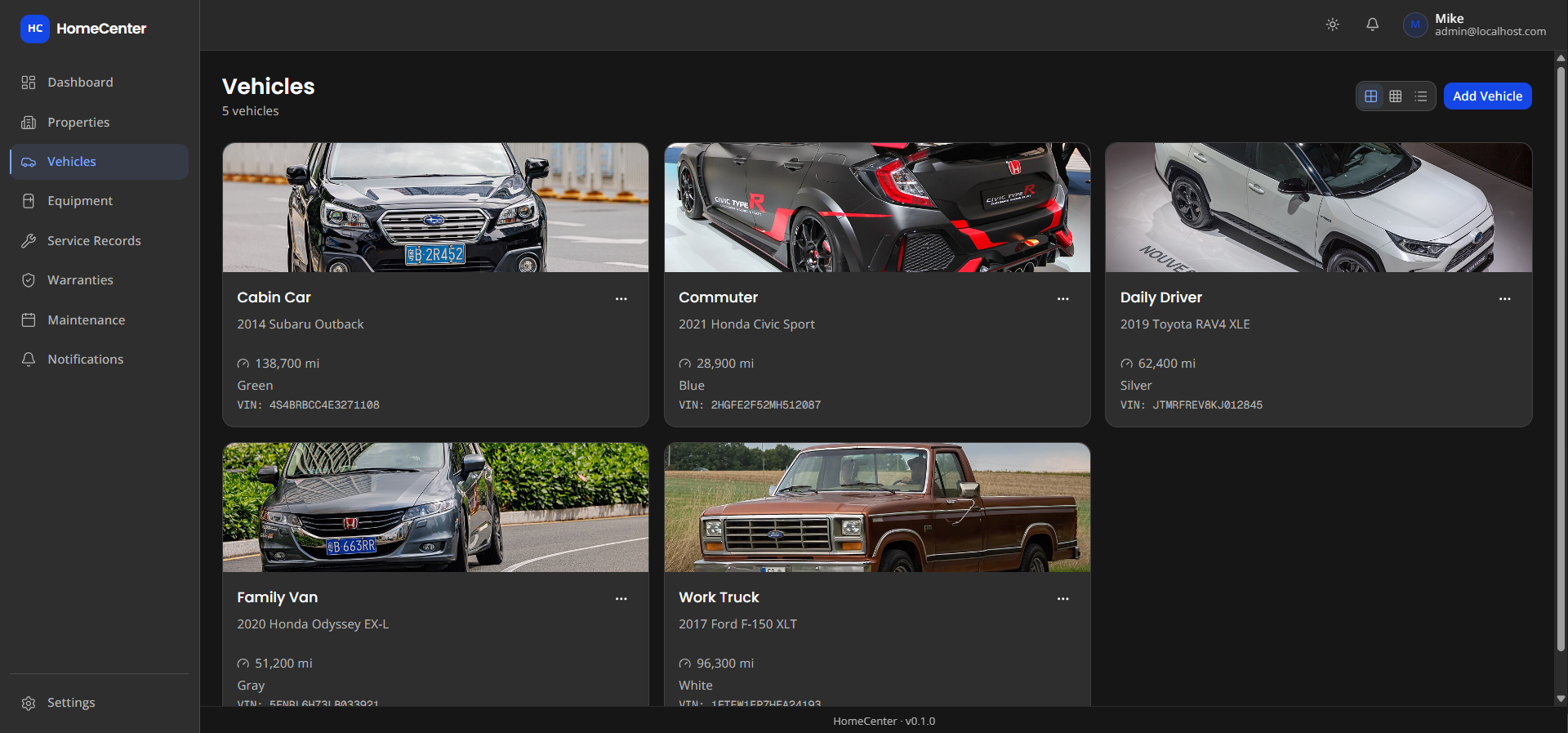 Vehicles list