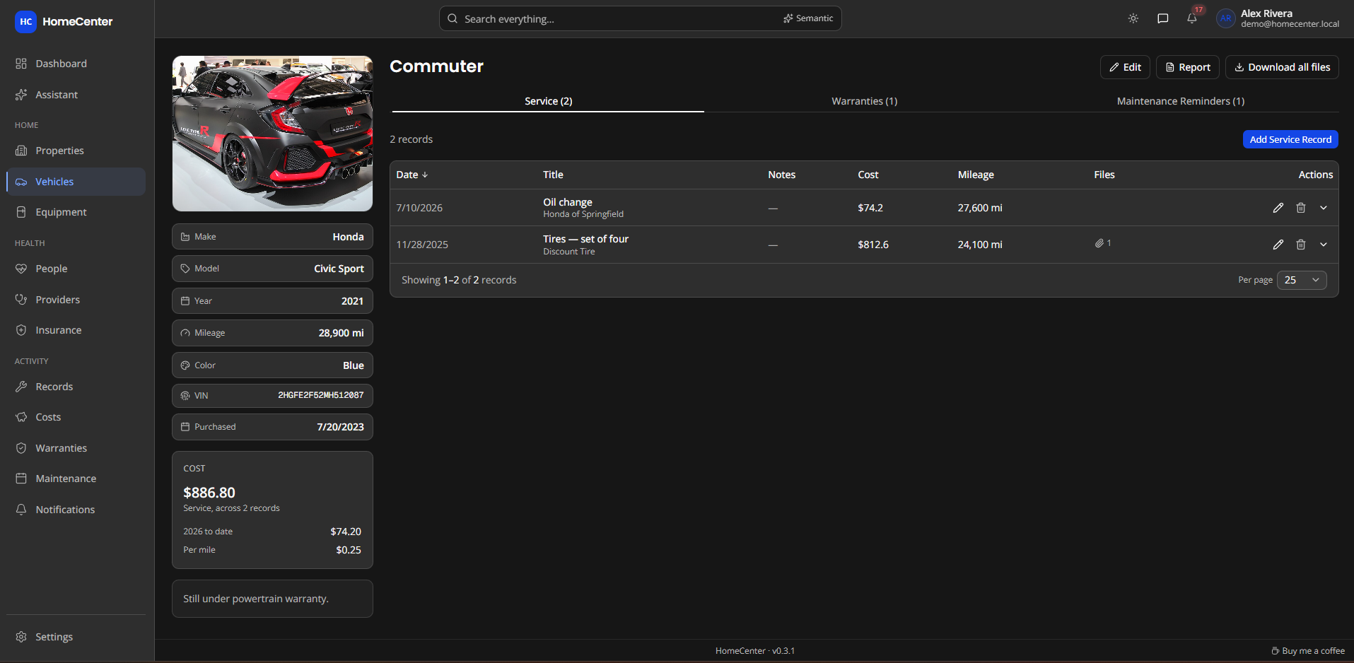 Vehicle service history